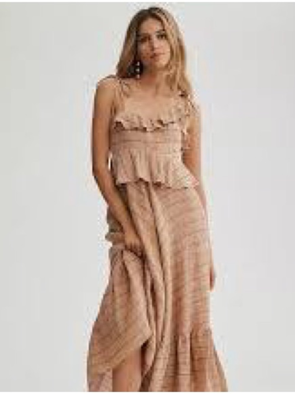 HUNTER BELL Beige Ruffled Tiered Maxi Dress